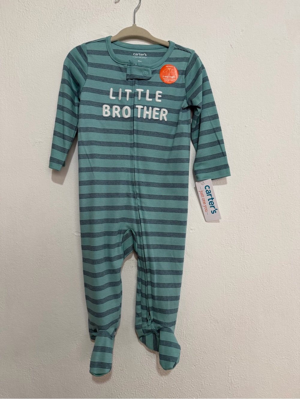 Carter's Teal and Navy Striped "Little Brother" Footed One-Piece